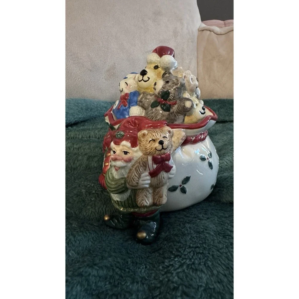 Vtg Christmas Fitz & Floyd Elf & Teddy Bears Lid Covered Candy Dish 6